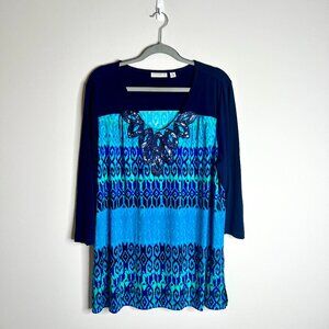 Susan Graver Blue Sequin Embellished Liquid Knit Tunic Top Colorful Sz XL